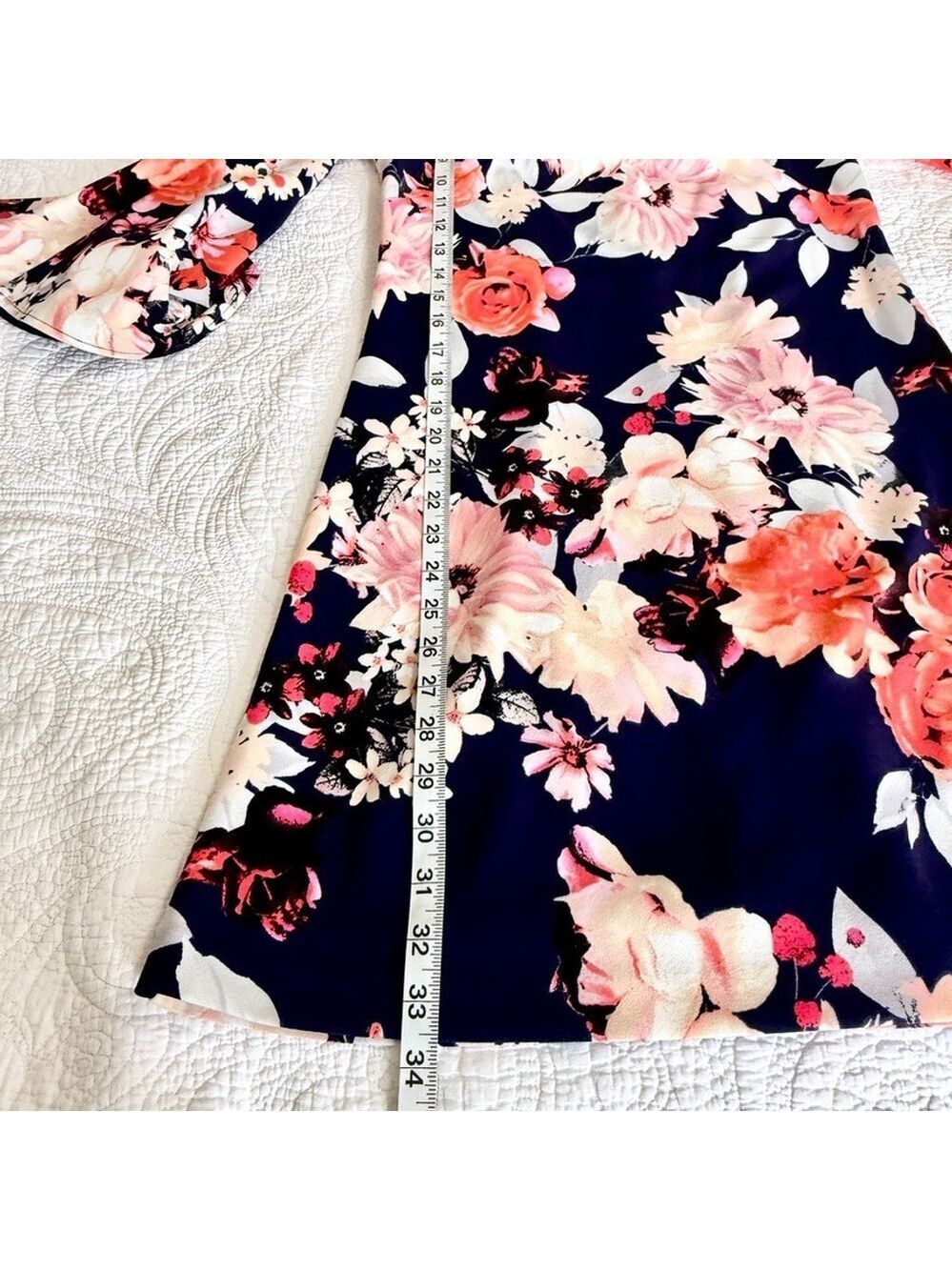 Eliza J Navy Blue Floral Bell Sleeve Mini Dress Size 2 Fit & Flare Party - Picture 15 of 15